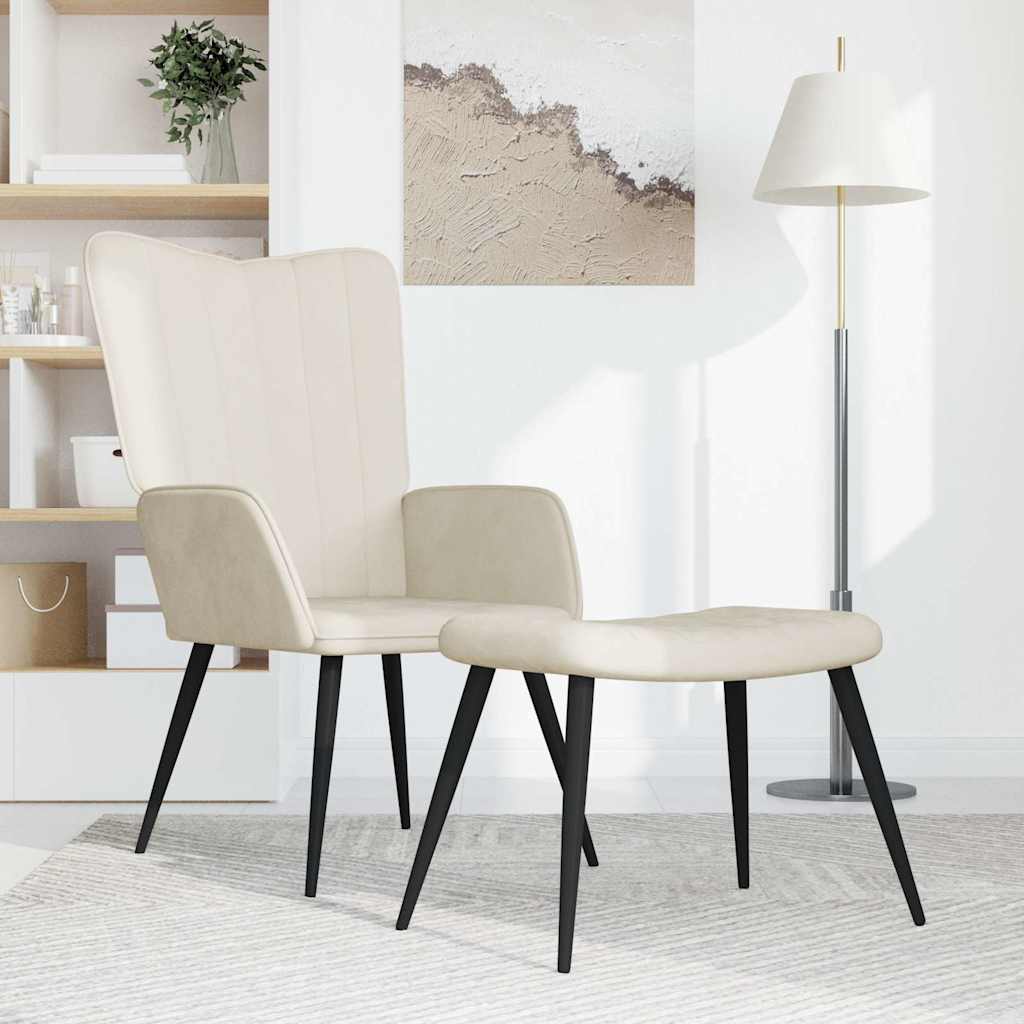 Poltrona Relax con Sgabello Bianco Crema in Velluto | homemem39