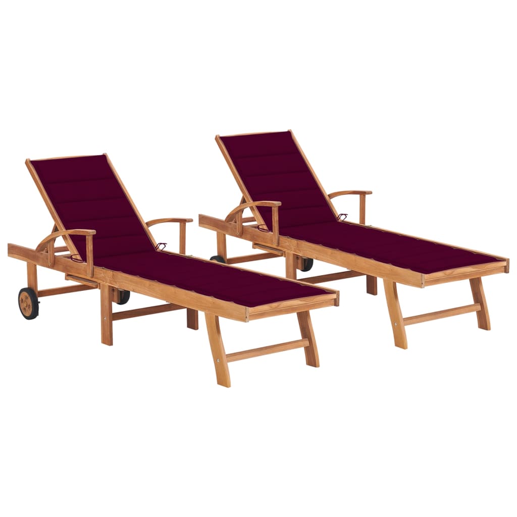 Lettini Prendisole 2 pz con Cuscino Rosso Vino in Legno di Teak - homemem39