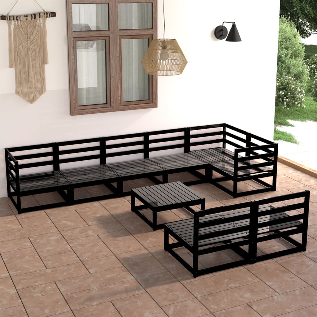 Set Divani da Giardino 9 pz Nero in Legno Massello di Pino - homemem39
