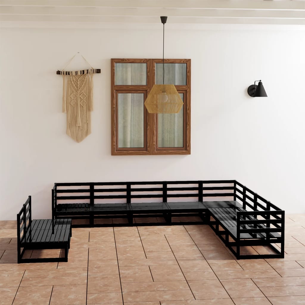 Set Divani da Giardino 10 pz Nero in Legno Massello di Pino - homemem39
