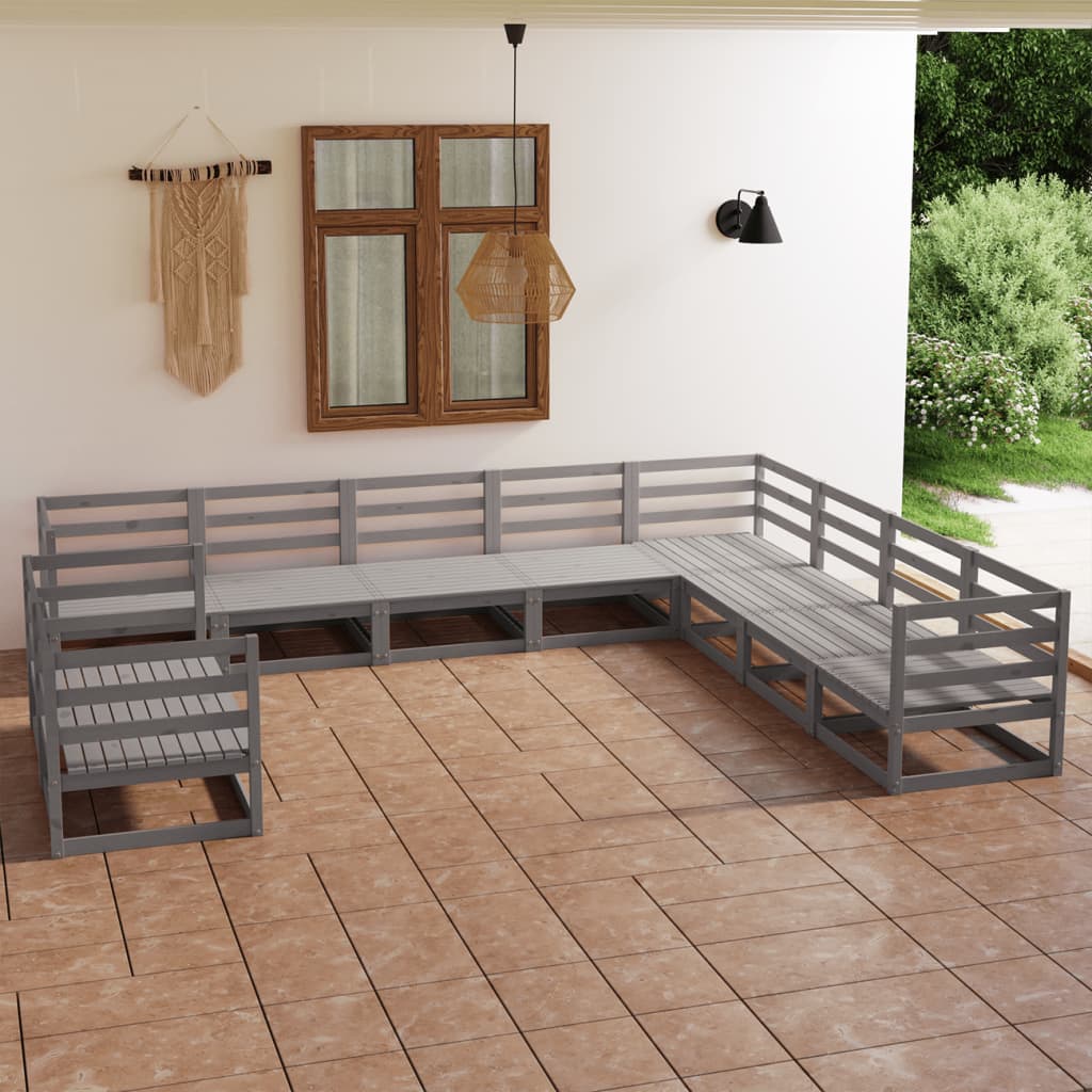Set Divani da Giardino 10 pz Grigio in Legno Massello di Pino - homemem39