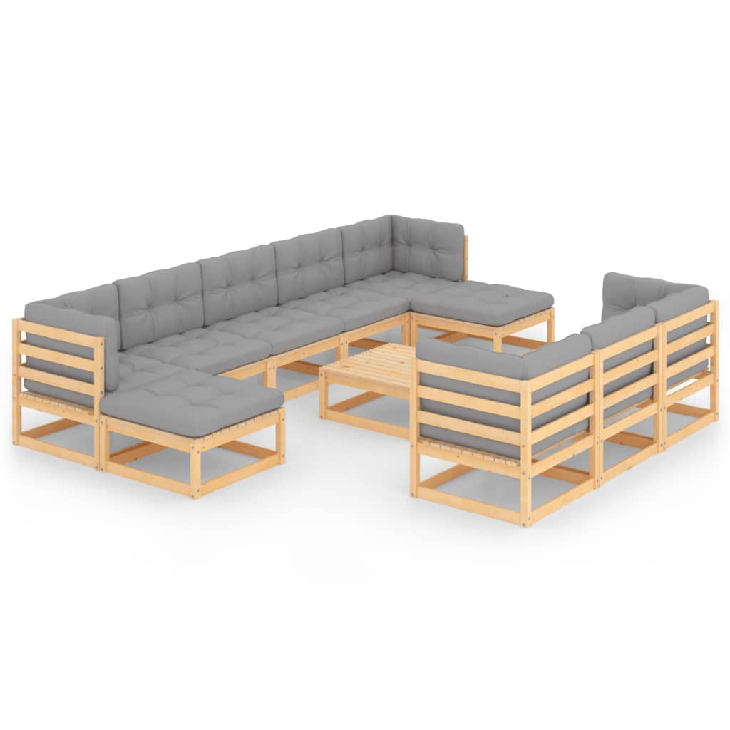 Set Divani Giardino 11 pz con Cuscini in Legno Massello di Pino
