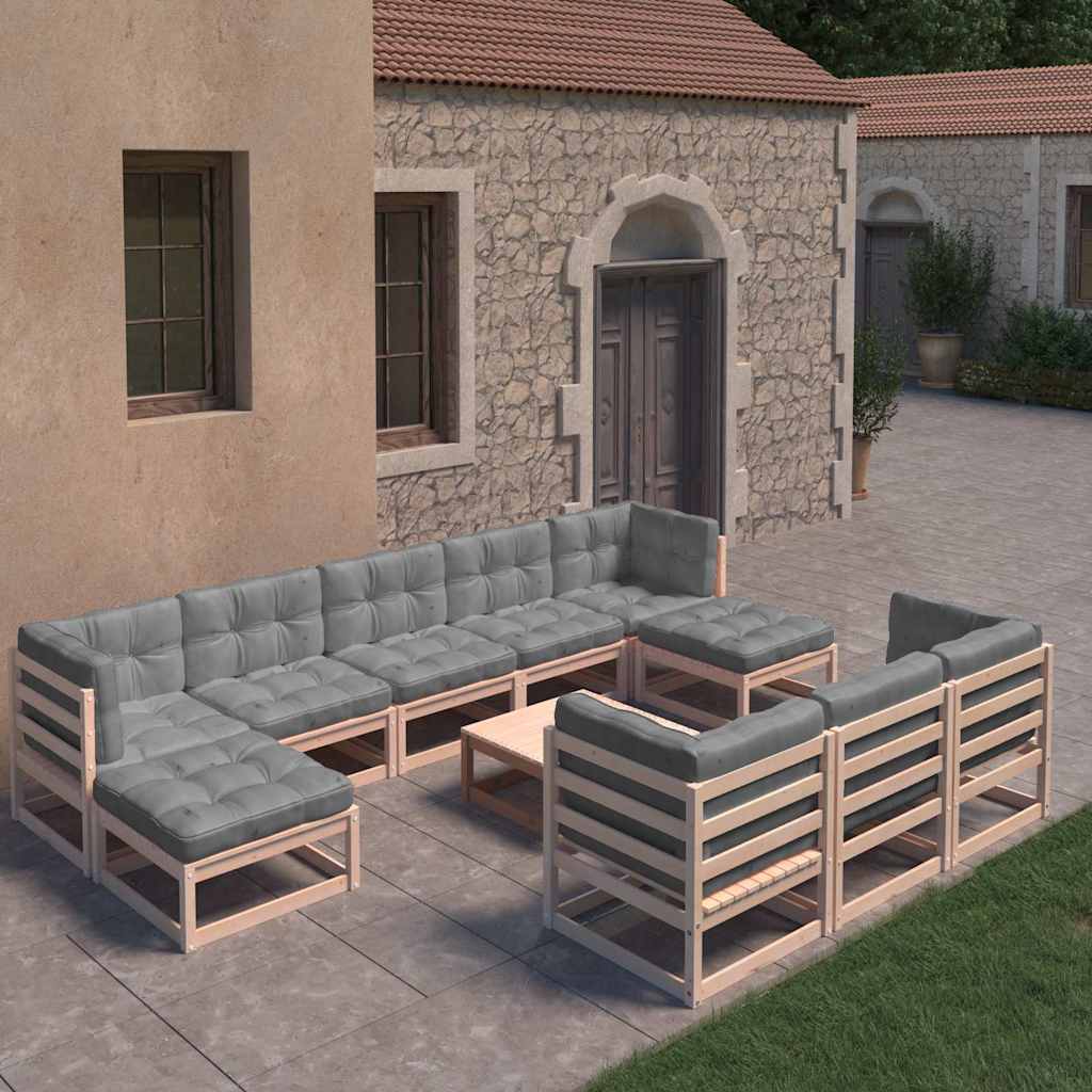 Set Divani Giardino 11 pz con Cuscini in Legno Massello di Pino