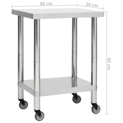 Tavolo da Lavoro Cucina con Ruote 80x30x85 cm in Acciaio Inox - homemem39