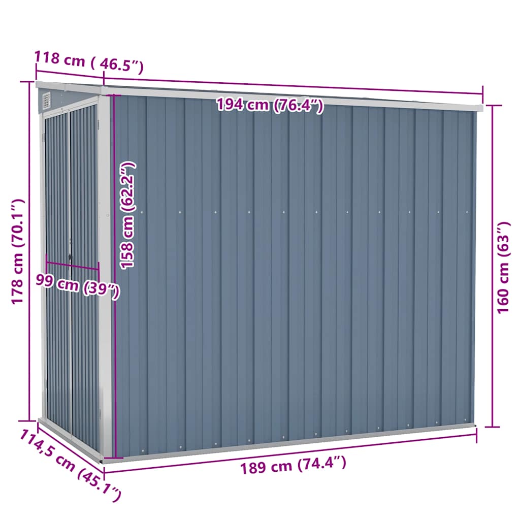 Capanno Giardino a Parete Grigio 118x194x178 cm Acciaio Zincato - homemem39