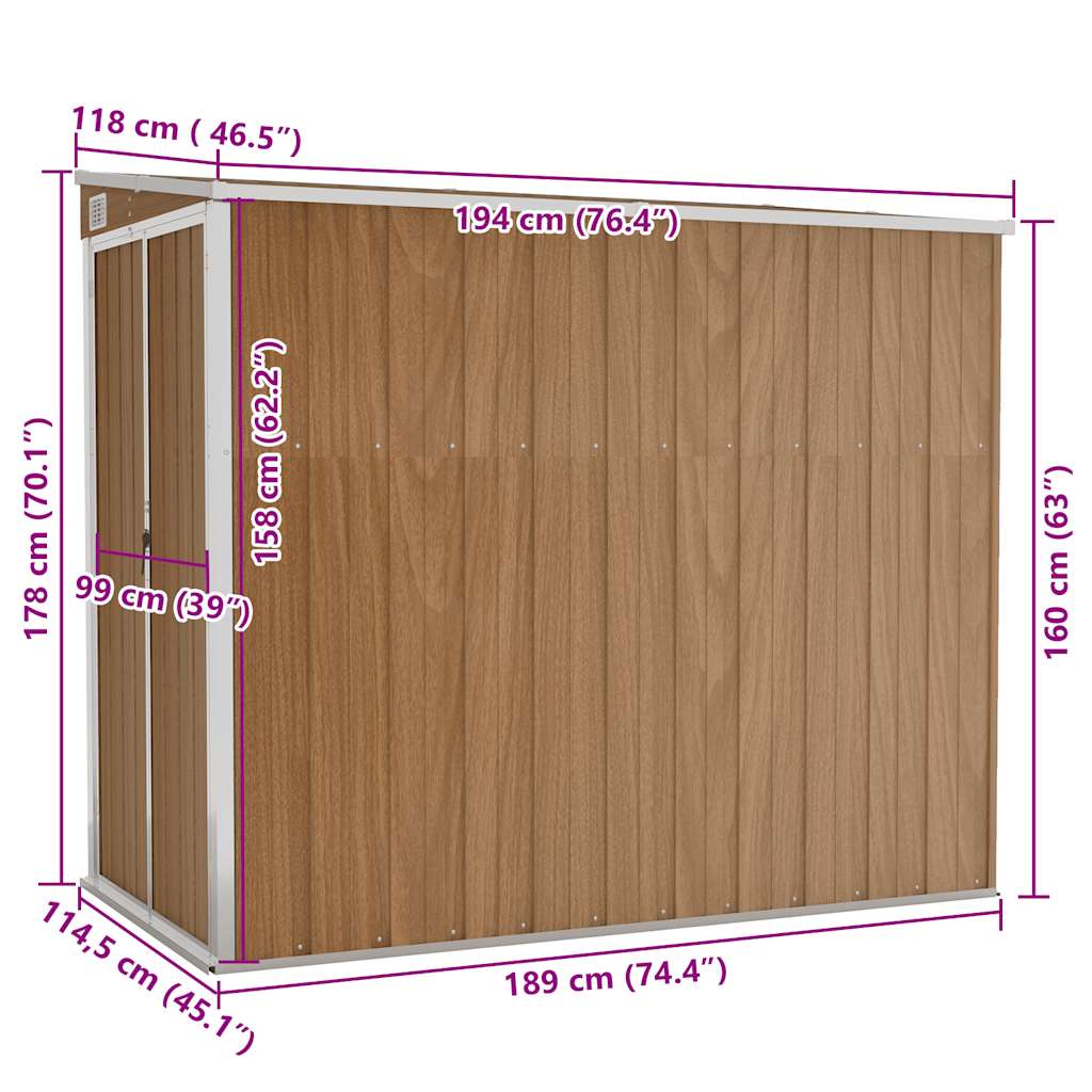 Capanno Giardino a Parete Marrone 118x194x178cm Acciaio Zincato - homemem39