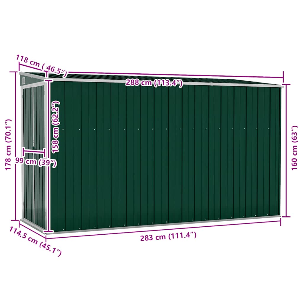Capanno Giardino a Parete Verde 118x288x178 cm Acciaio Zincato | homemem39