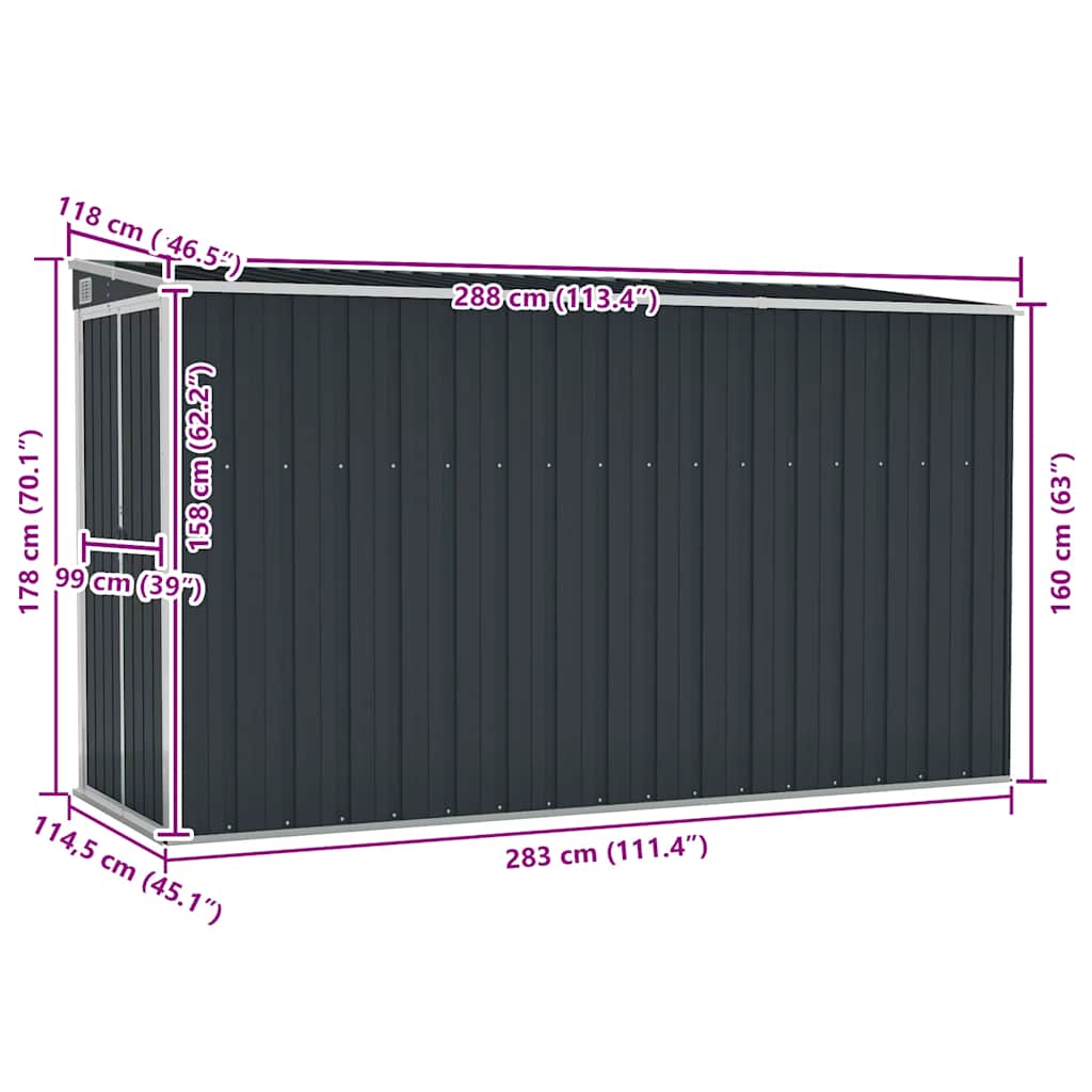 Capanno da Giardino a Parete Antracite 118x288x178 cm Acciaio | homemem39
