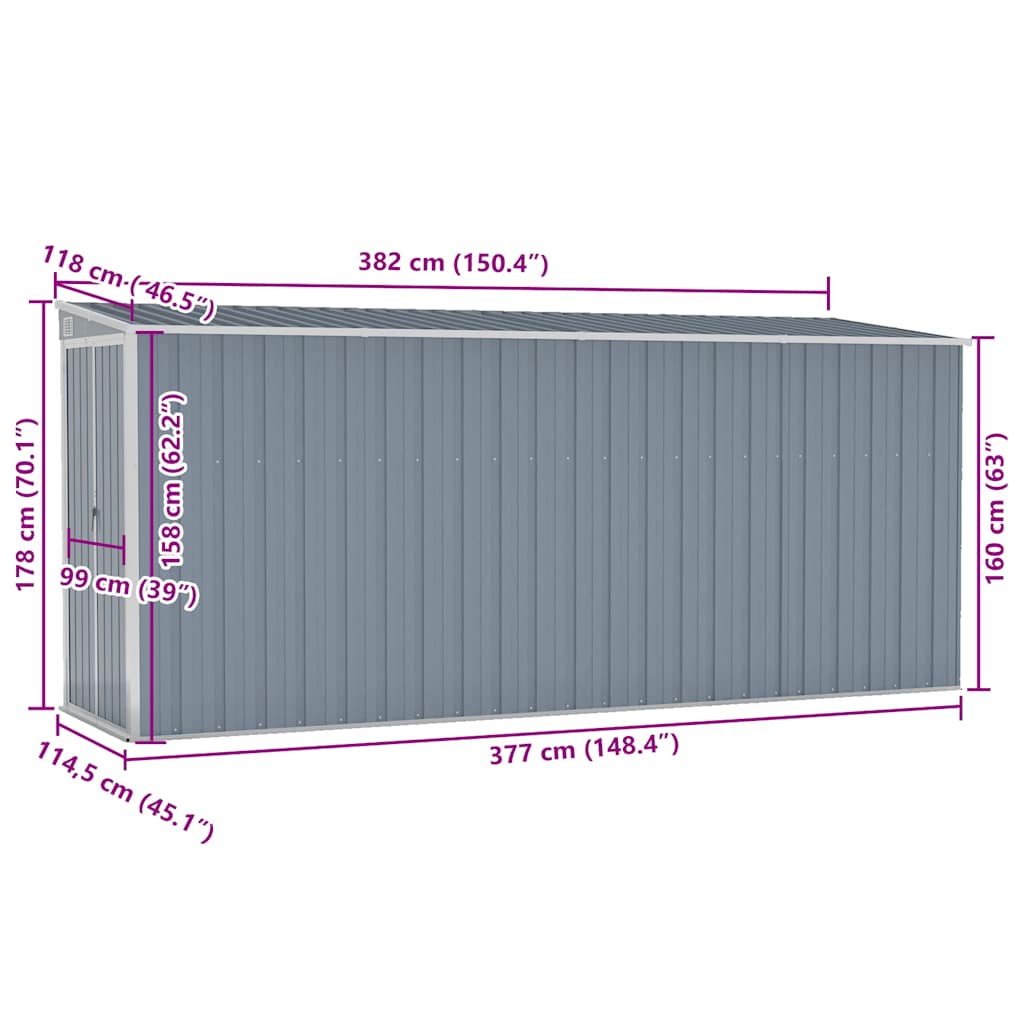 Capanno Giardino a Parete Grigio 118x382x178 cm Acciaio Zincato - homemem39
