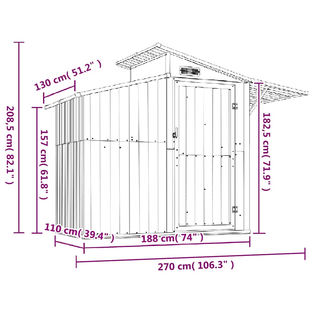 Capanno da Giardino Marrone 270x130x208,5 cm Acciaio Zincato | homemem39