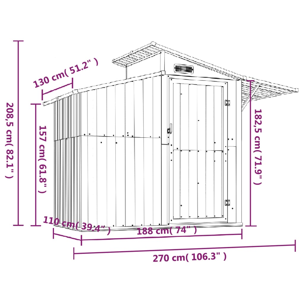 Capanno da Giardino Marrone 270x130x208,5 cm Acciaio Zincato - homemem39