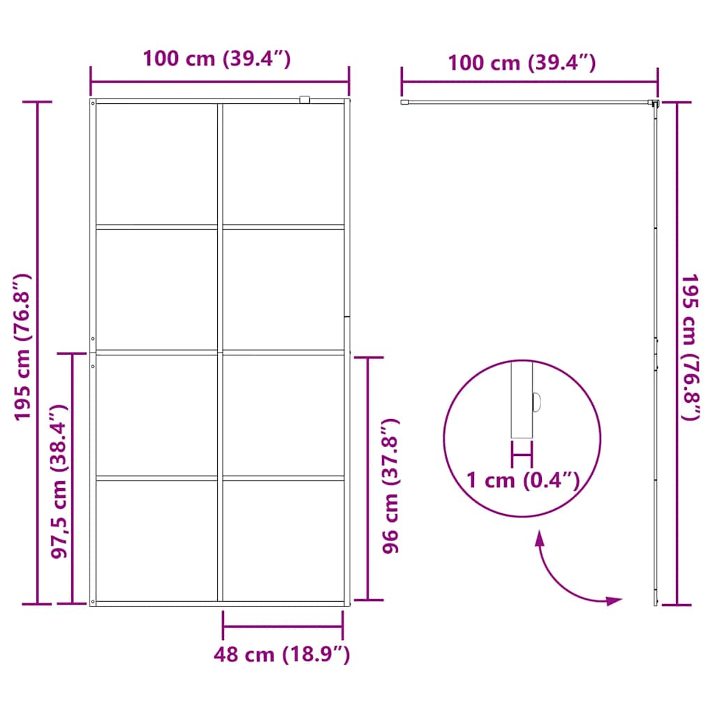 Parete per Doccia Walk-in Vetro Trasparente ESG 100x195cm Nera