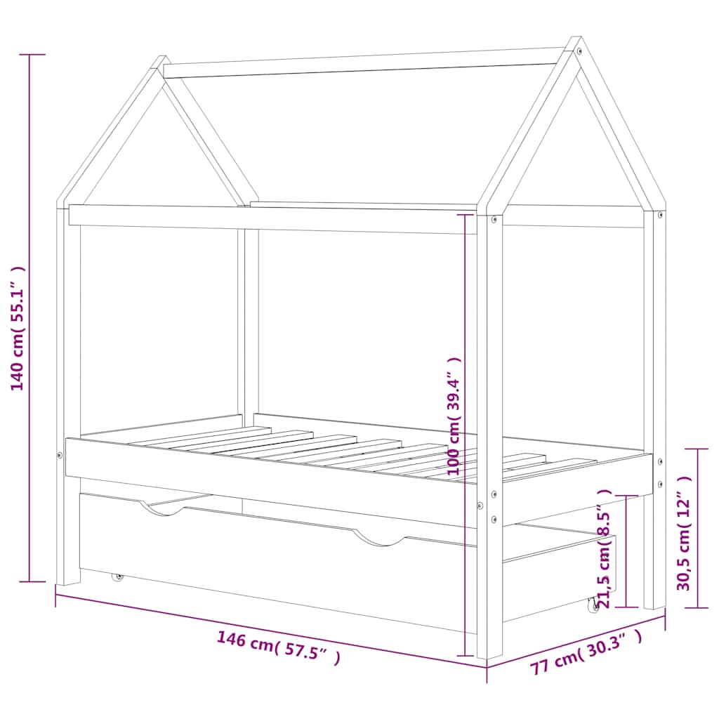 Children's Bed Frame with Drawer Dark Gray Solid Pine 70x140 cm