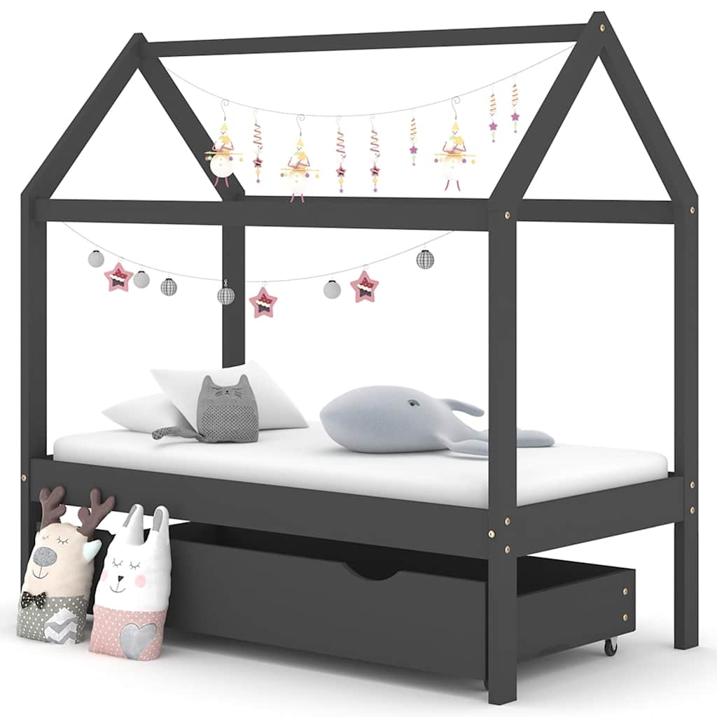 Children's Bed Frame with Drawer Dark Gray Solid Pine 70x140 cm
