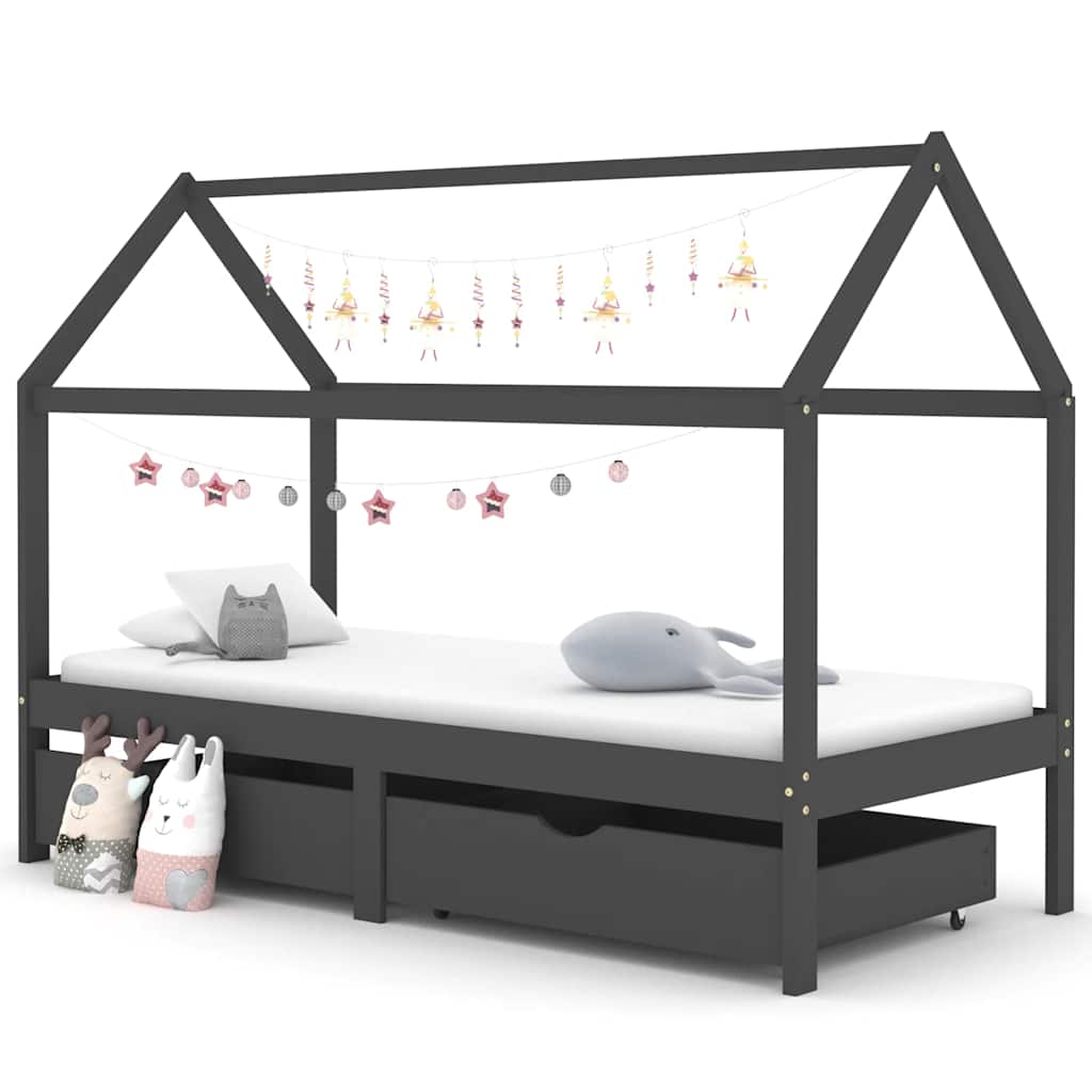 Giroletto Bambini Cassetti Grigio Scuro Pino Massello 90x200 cm - homemem39