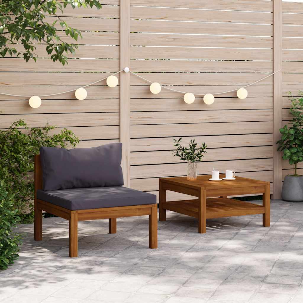 Set Divani da Giardino 2pz Cuscini Grigio Scuro Massello Acacia