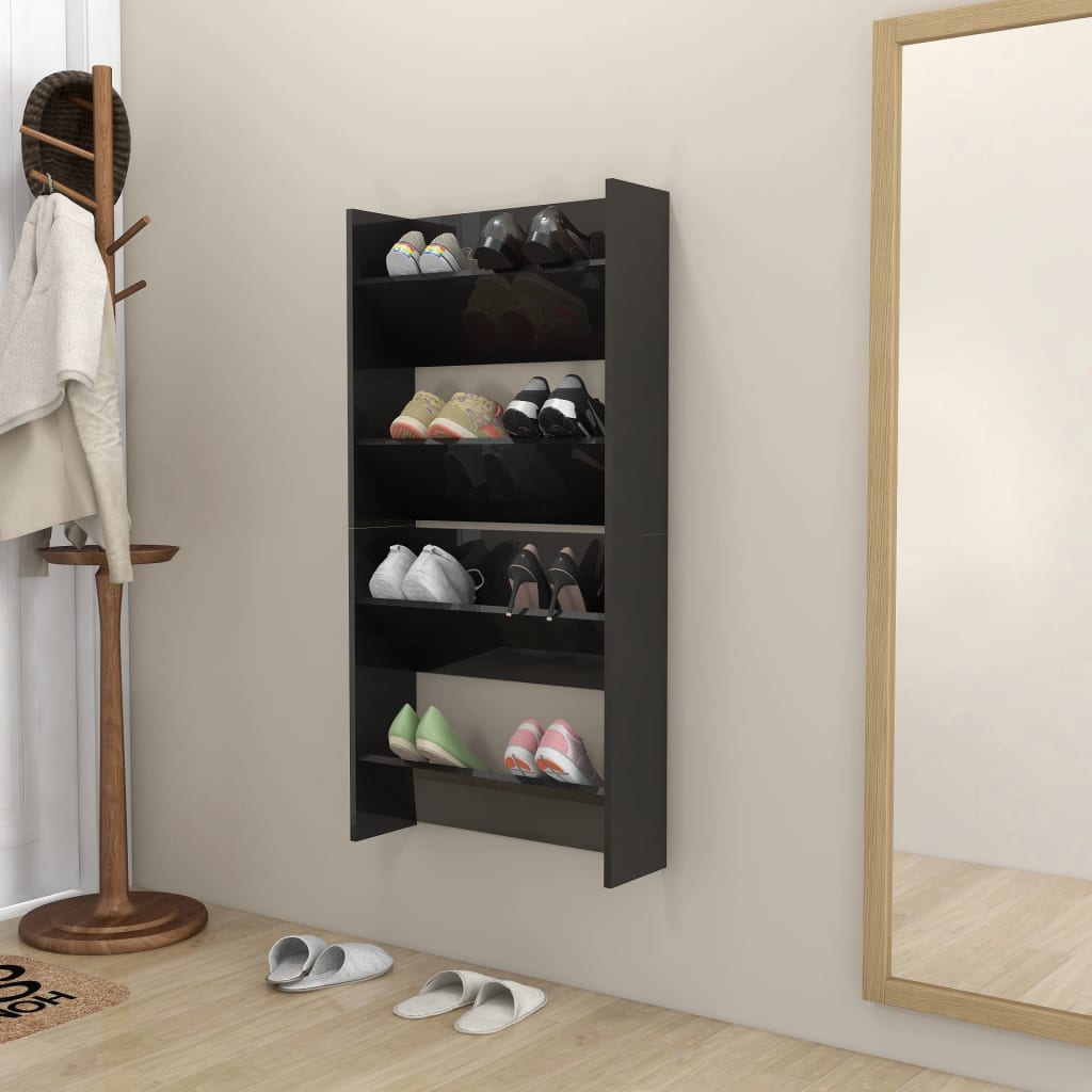 Scarpiere a Muro 2pz Nero Lucido 60x18x60cm Legno Multistrato