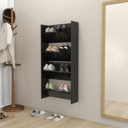 Scarpiere a Muro 2pz Nero Lucido 60x18x60cm Legno Multistrato
