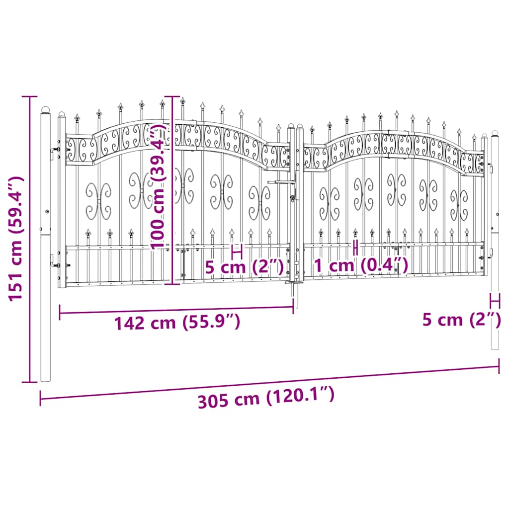 Cancello per recinzione con punta a lancia nero 305x100 cm in acciaio verniciato a polvere
