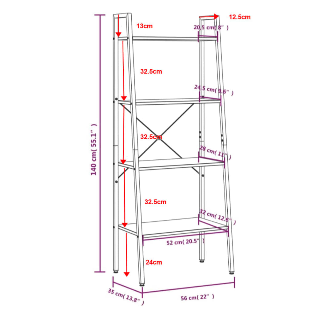 Scaffale Autoportante 4 Ripiani Marrone Chiaro Nero 56x35x140cm | homemem39