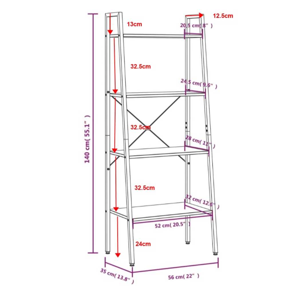 Scaffale Autoportante 4 Ripiani Marrone Chiaro Nero 56x35x140cm