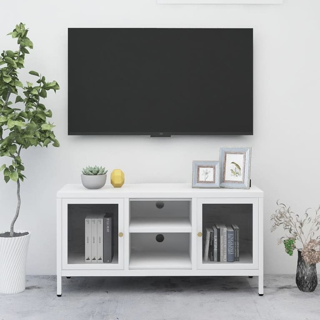 White TV cabinet 105x35x52 cm in Steel and Glass