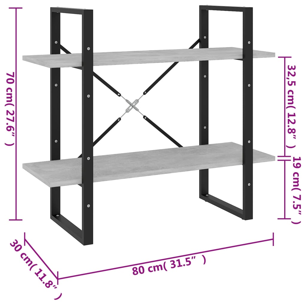 Libreria 2 Ripiani Grigio Cemento 80x30x70 cm Legno Multistrato | homemem39