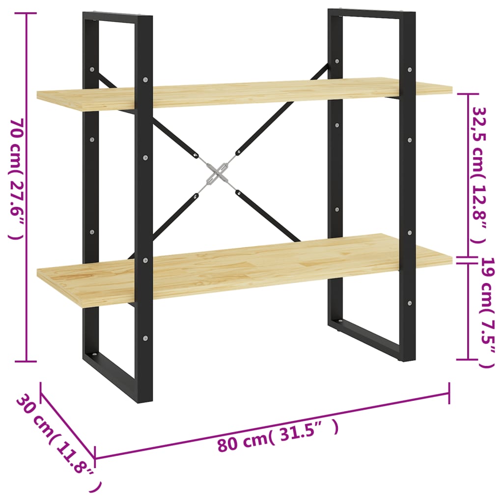 Libreria a 2 Ripiani 80x30x70 cm in Legno Massello di Pino | homemem39