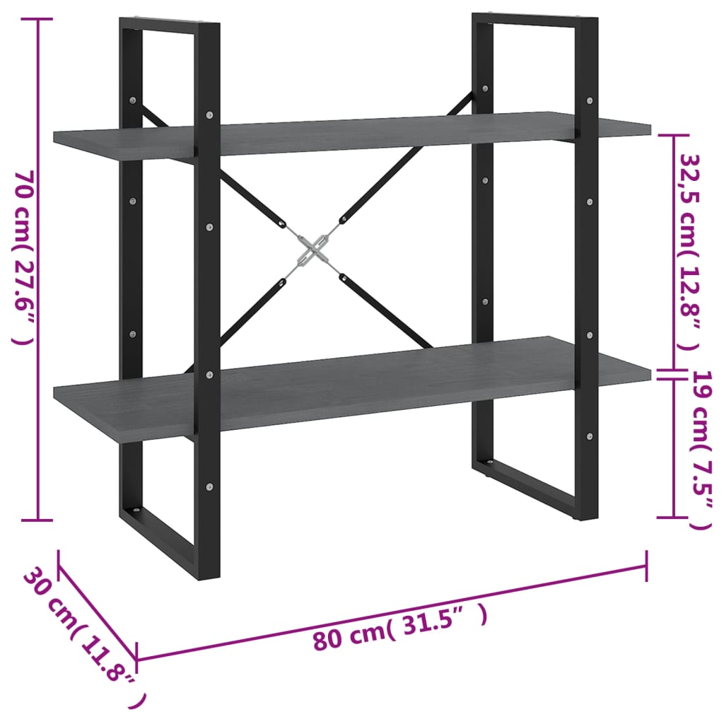 Libreria a 2 Ripiani Grigia 80x30x70 cm in Massello di Pino | homemem39