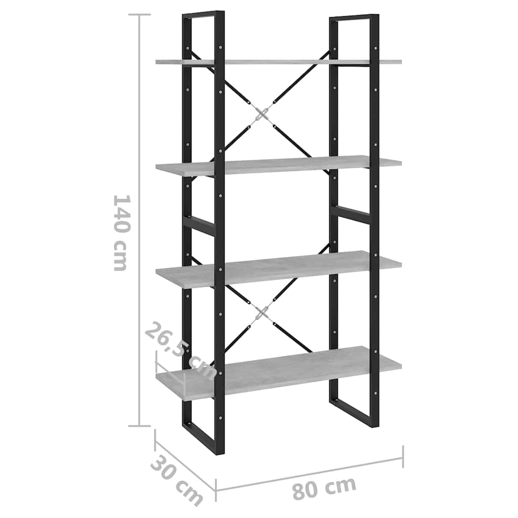 Libreria 4 Ripiani Grigio Cemento 80x30x140cm Legno Multistrato