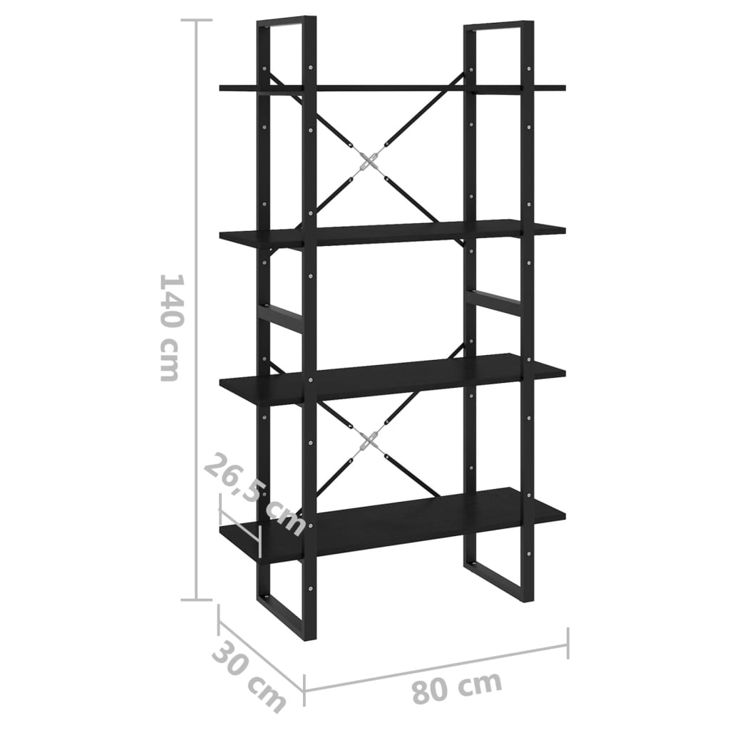 Libreria a 4 Ripiani Nera 80x30x140 cm in Massello di Pino | homemem39