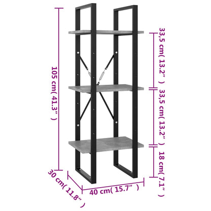 Libreria 3 Ripiani Grigio Cemento 40x30x105cm Legno Multistrato | homemem39