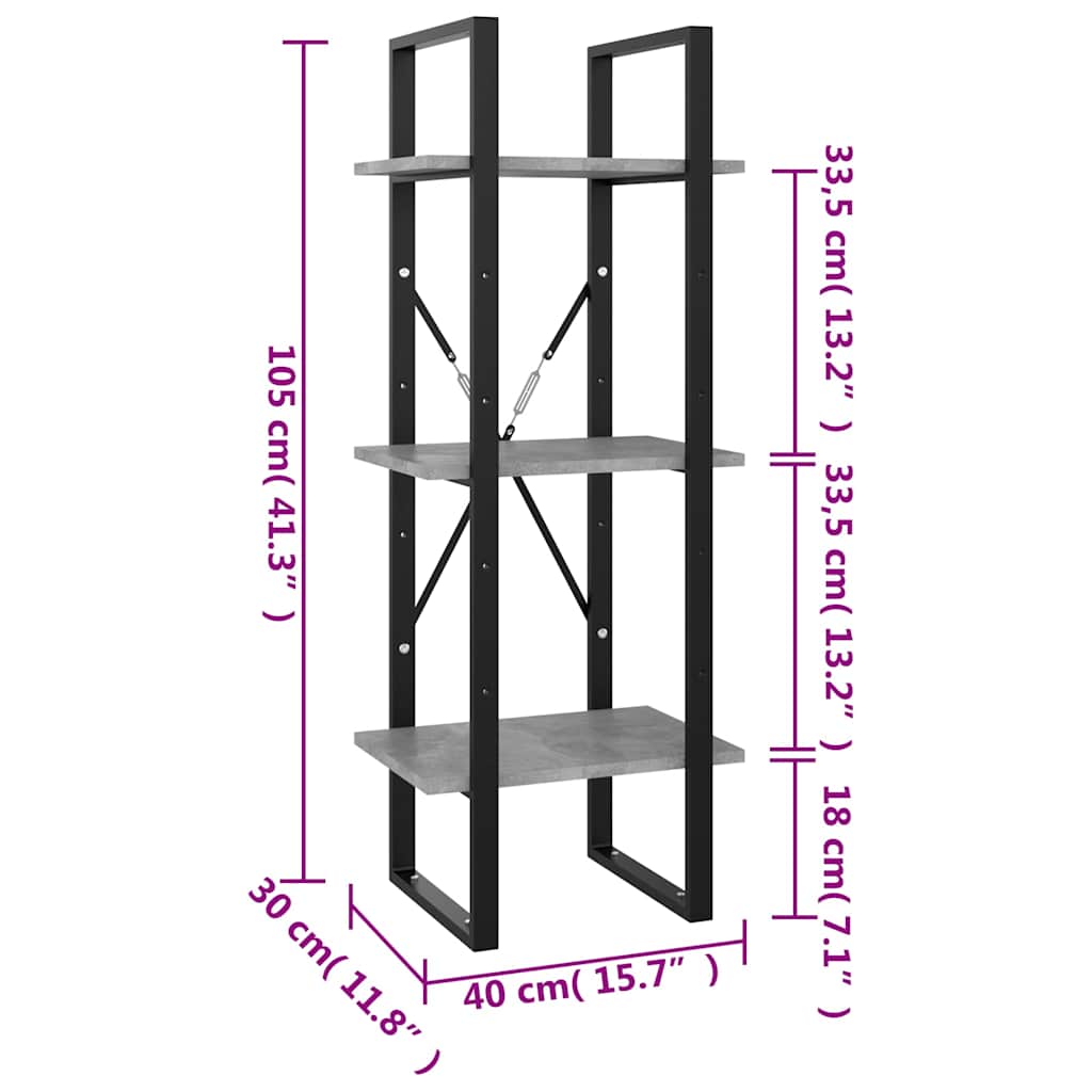 Libreria 3 Ripiani Grigio Cemento 40x30x105cm Legno Multistrato