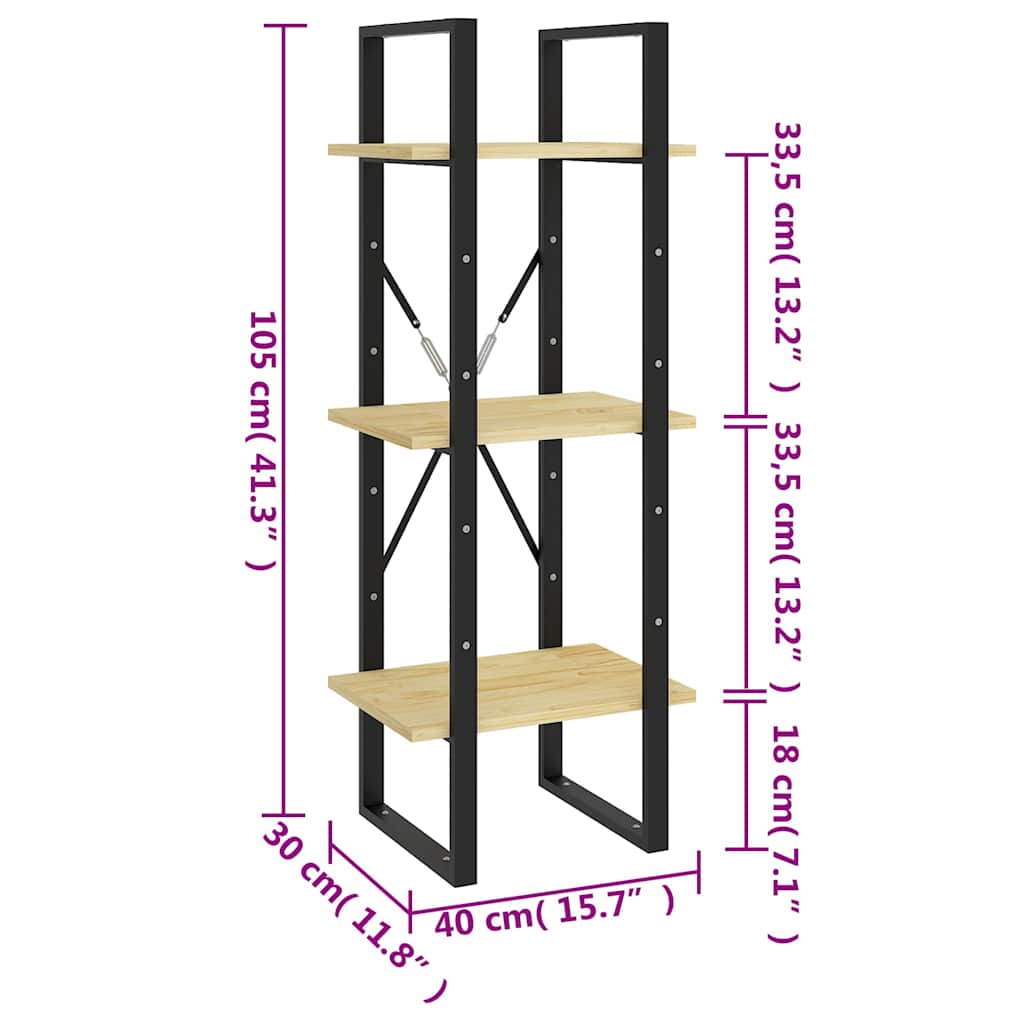 Libreria a 3 Ripiani 40x30x105 cm in Legno Massello di Pino