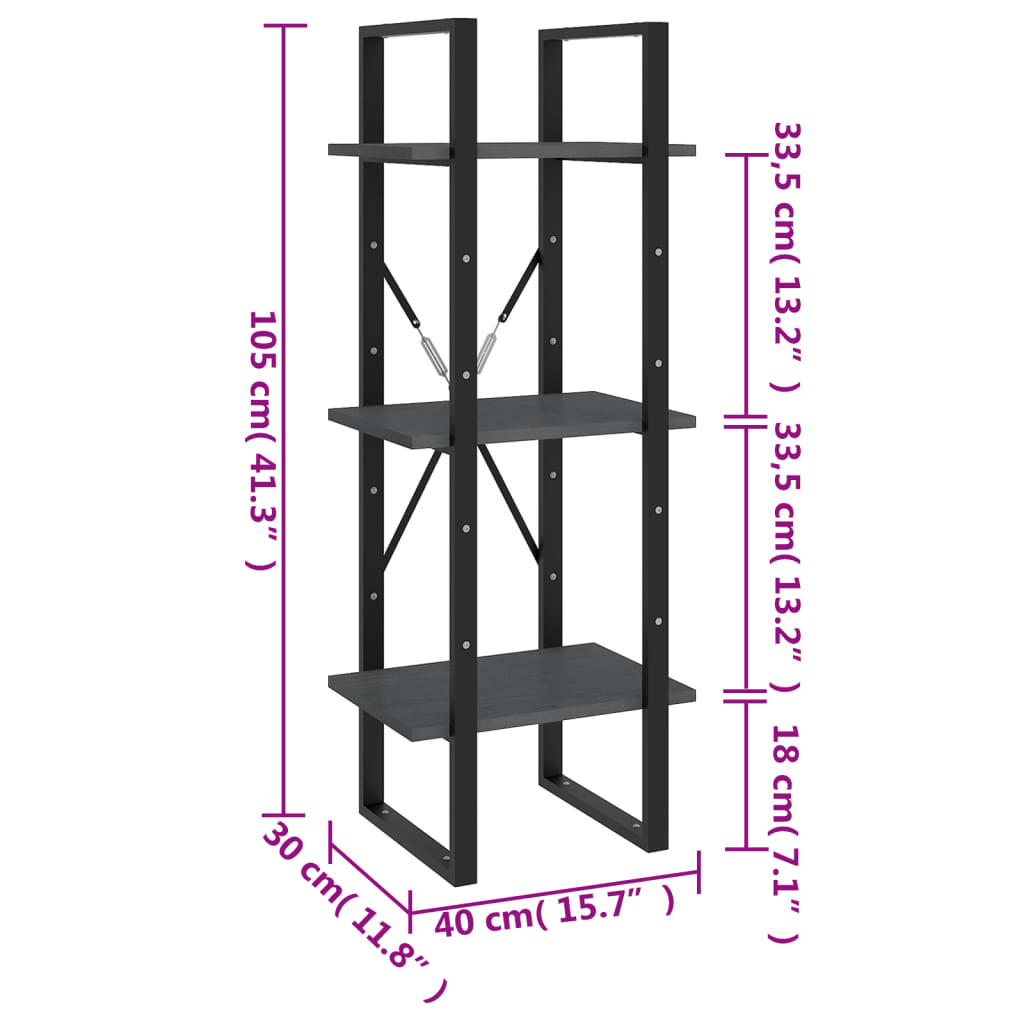 Libreria a 3 Ripiani Grigia 40x30x105 cm in Massello di Pino | homemem39