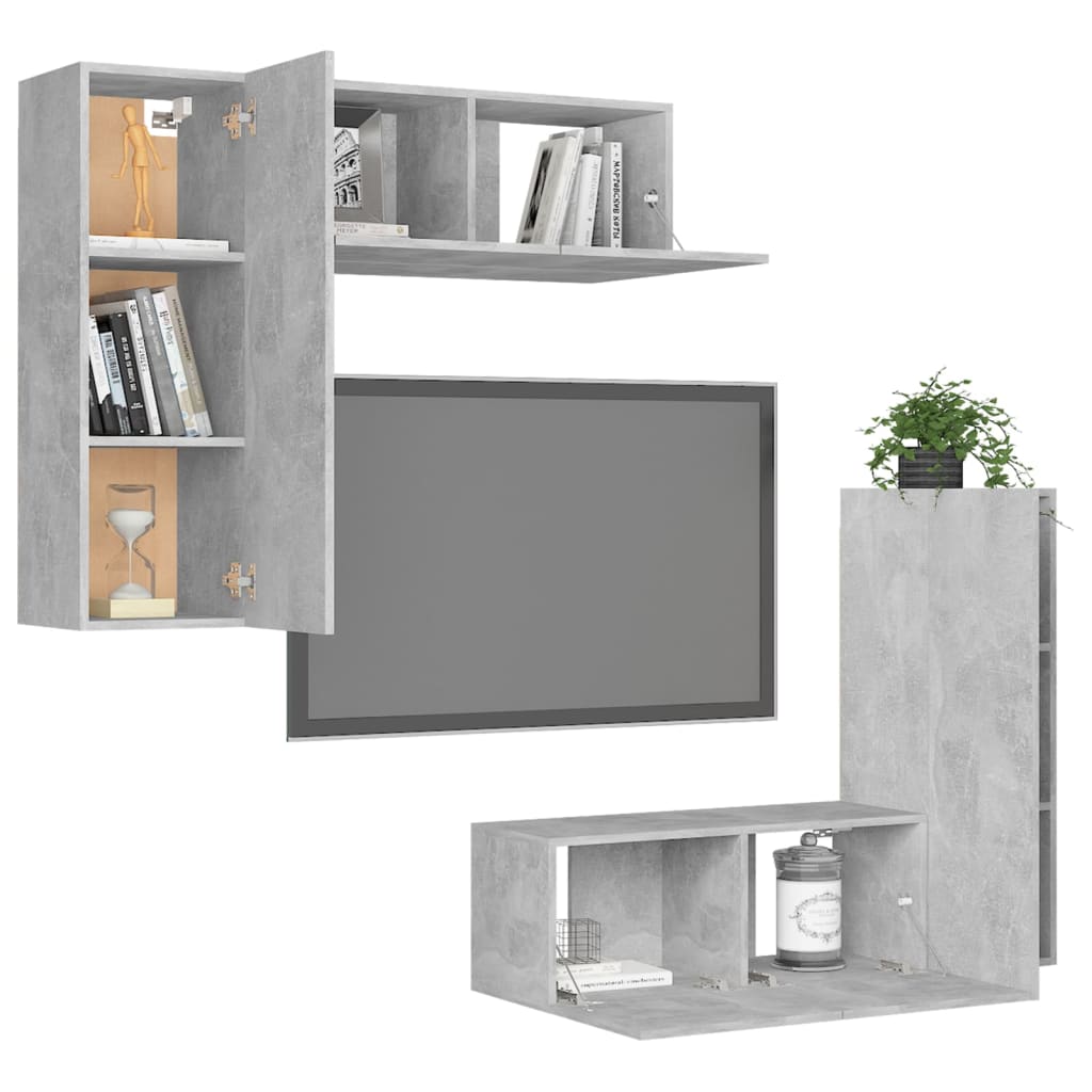 Set di Mobili Porta TV 4 pz Grigio Cemento in Legno Multistrato