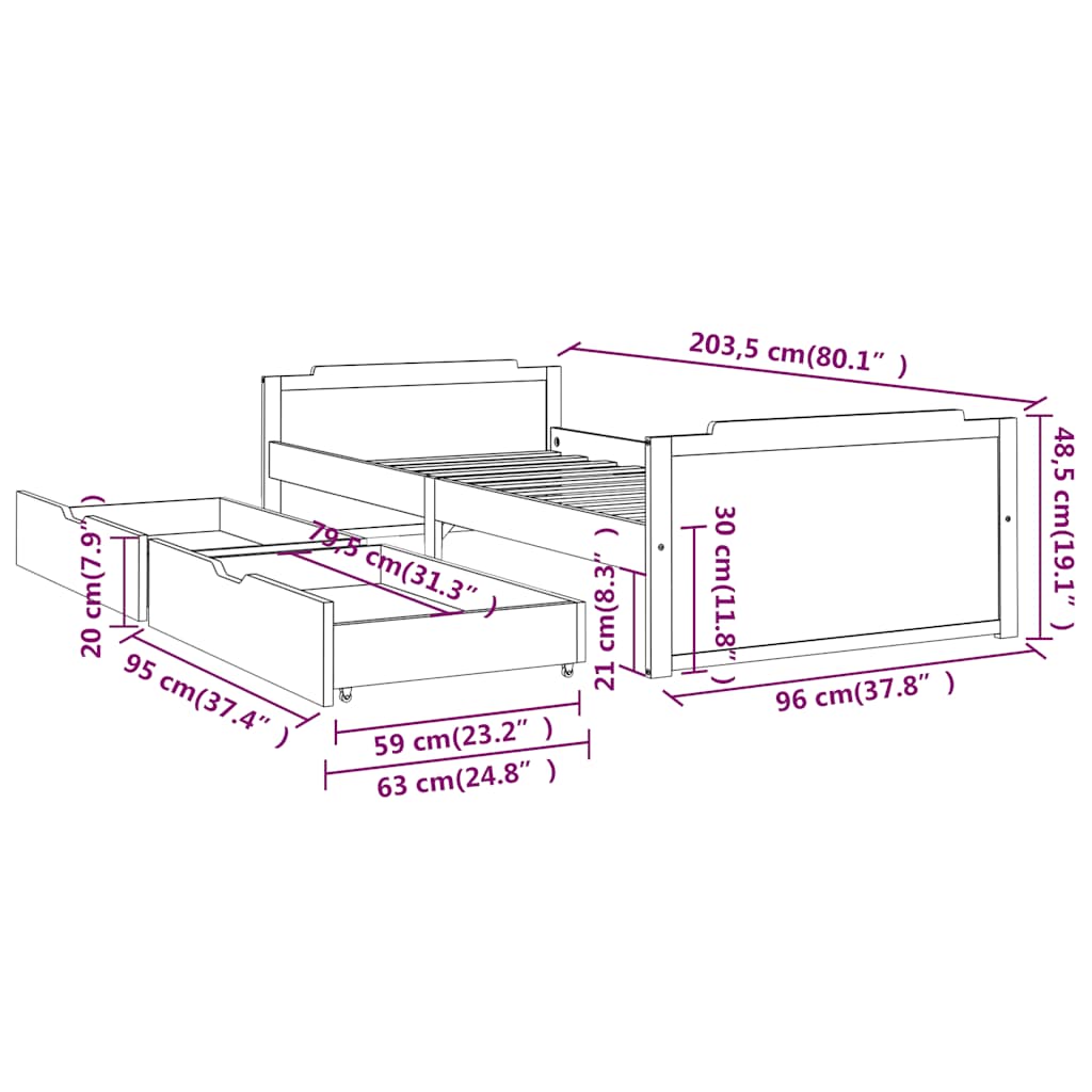 Giroletto con Cassetti in Legno Massello di Pino 90x200 cm | homemem39