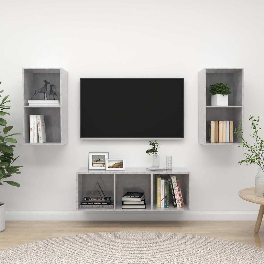 Set Mobili TV 3 pz Grigio Cemento in Legno Multistrato