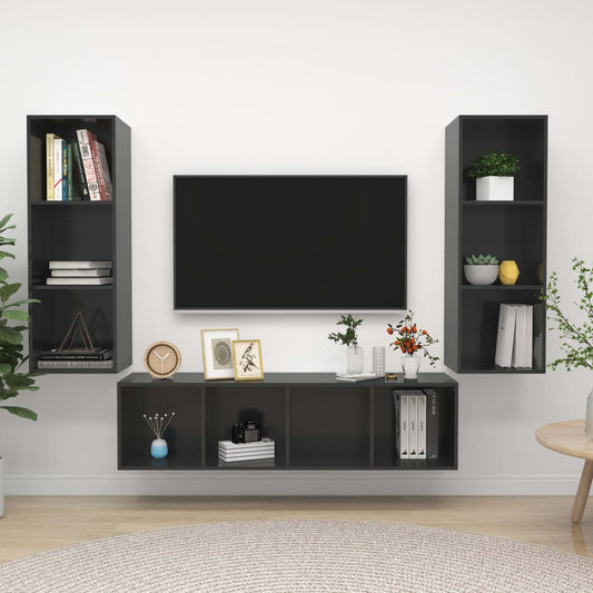 Set Mobile TV 3 pz Grigio Lucido in Truciolato - homemem39