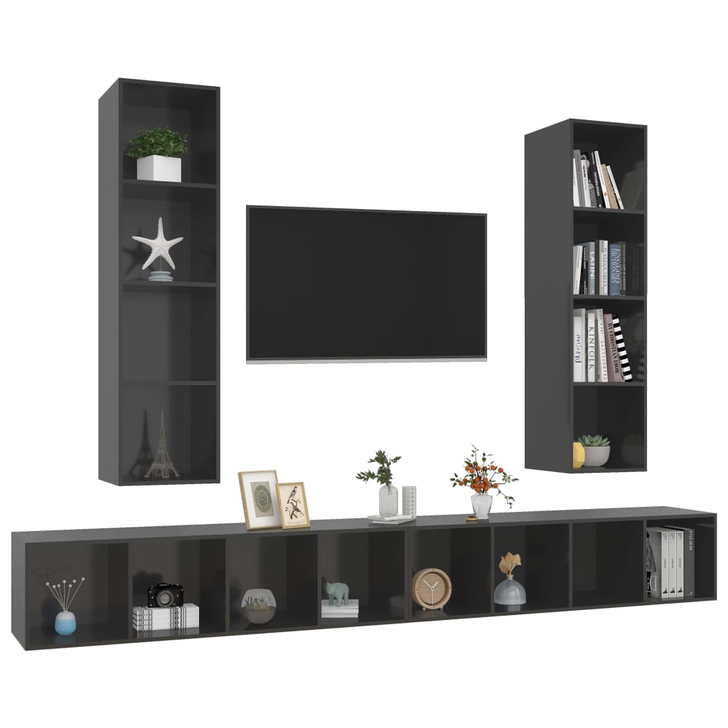 Mobile TV a Parete 4 pz Grigio Lucido in Legno Multistrato - homemem39
