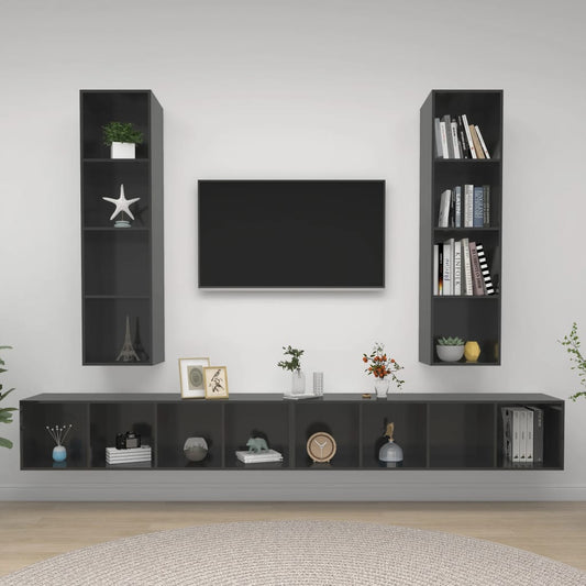 Mobile TV a Parete 4 pz Grigio Lucido in Legno Multistrato - homemem39