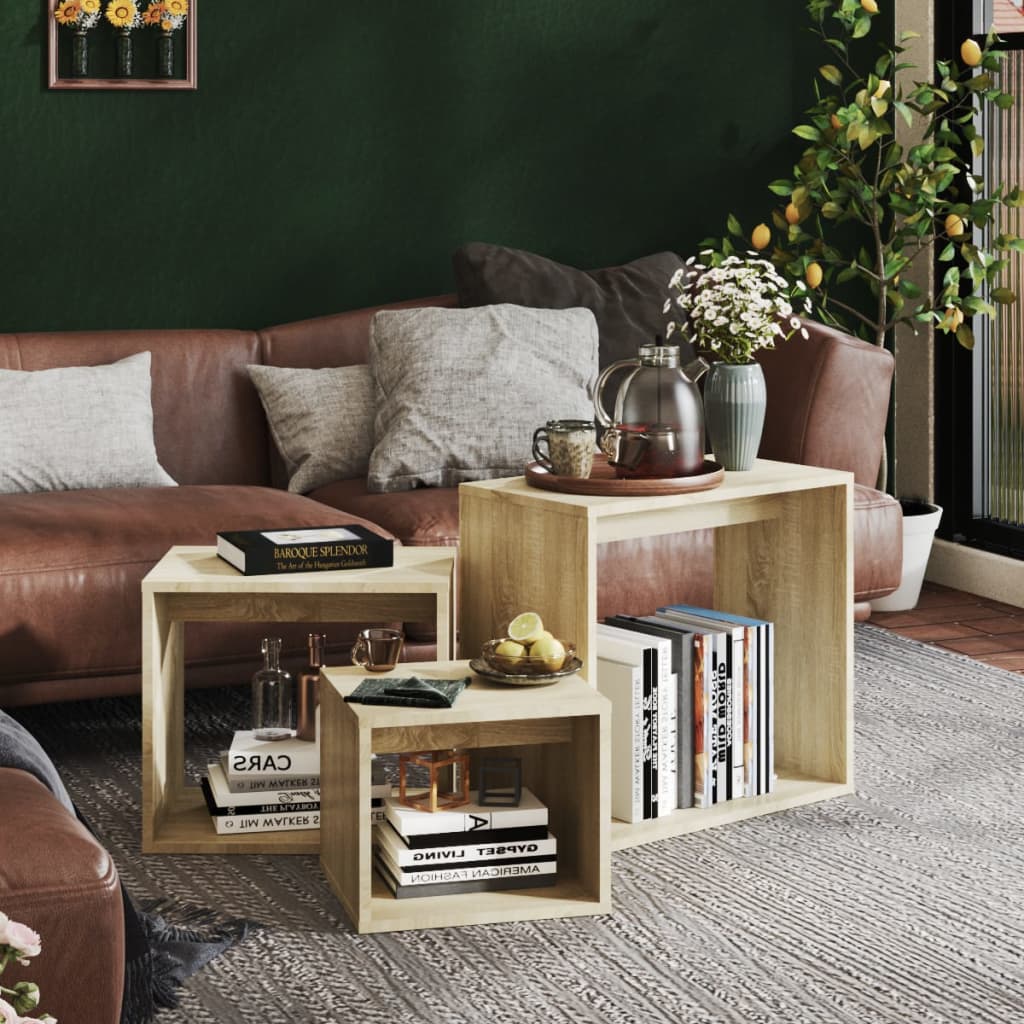 Tavolini Impilabili 3 pz Rovere Sonoma in Truciolato