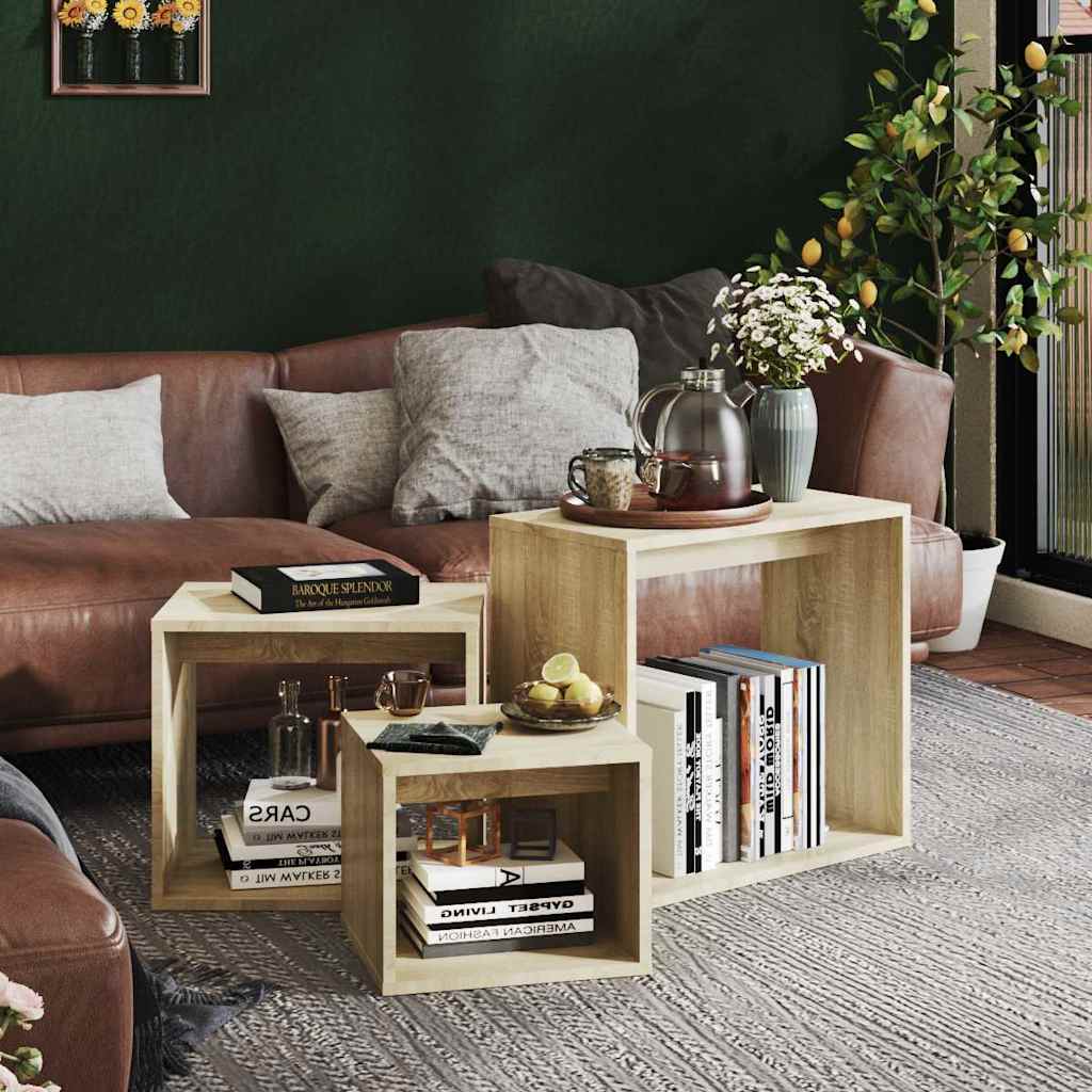 Tavolini Impilabili 3 pz Rovere Sonoma in Legno Multistrato