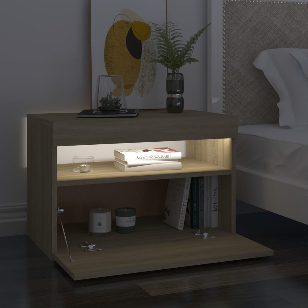 Comodino con Luci LED Sonoma 60x35x40 cm in Legno Multistrato - homemem39