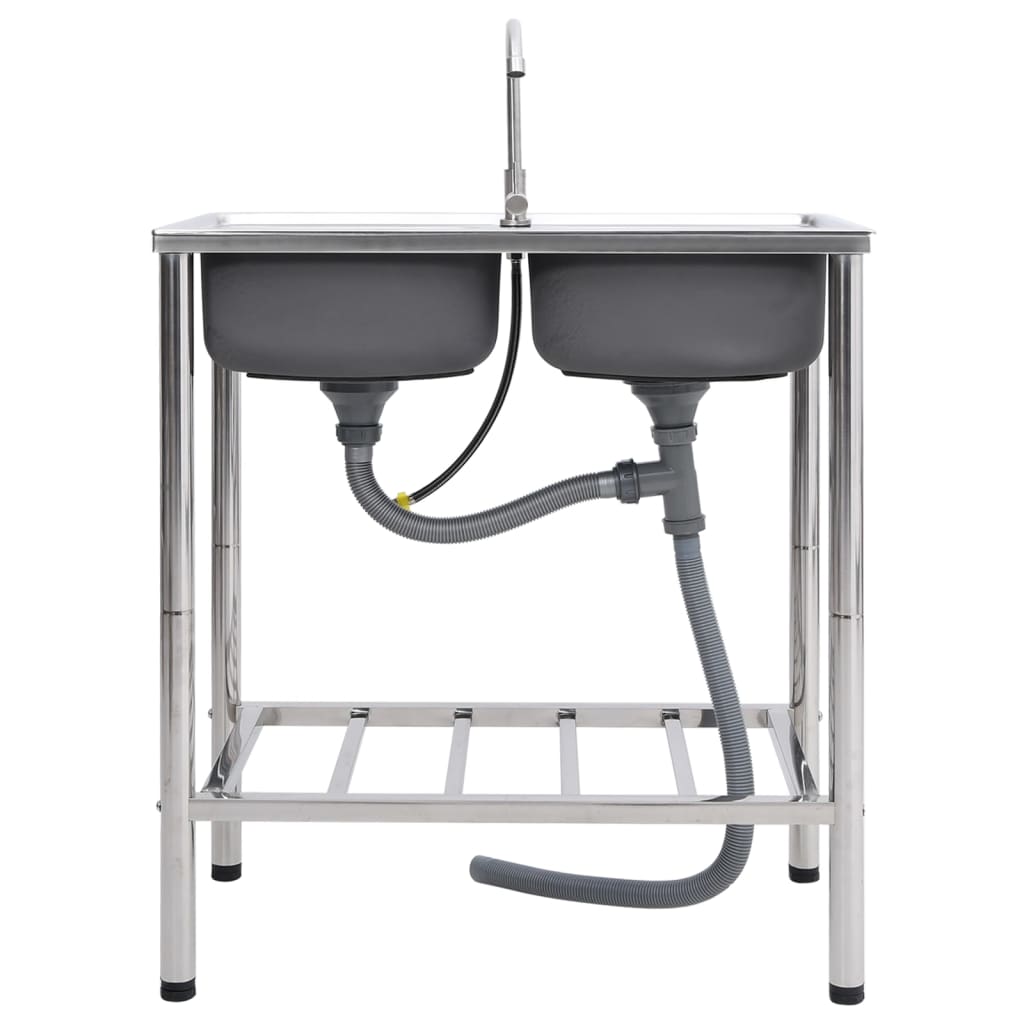 Lavello da Campeggio Vasca Doppia con Rubinetto in Acciaio Inox - homemem39