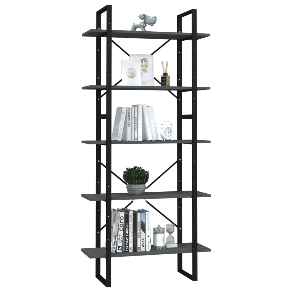 Libreria a 5 Ripiani Grigia 80x30x175 cm in Legno Multistrato | homemem39