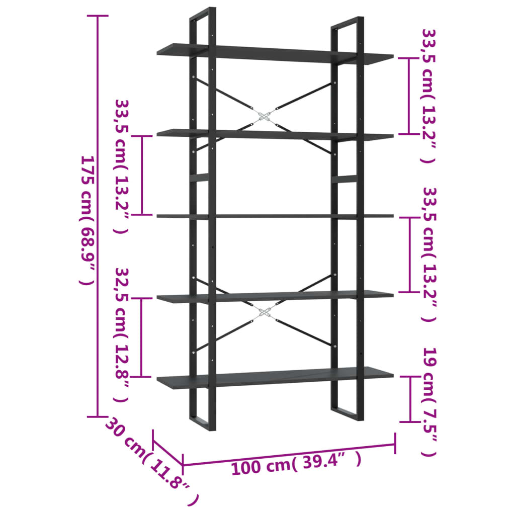 Libreria a 5 Ripiani Grigia 100x30x175 cm in Legno Multistrato | homemem39