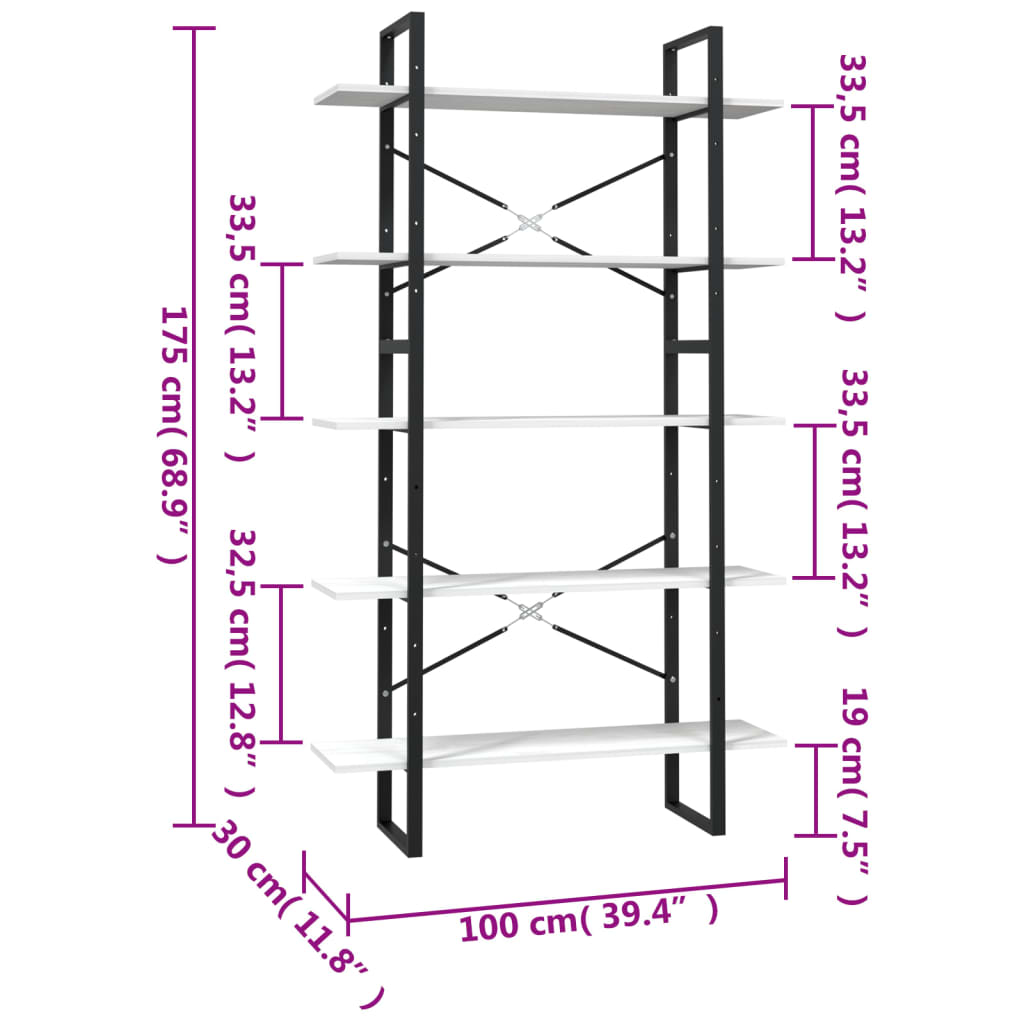 Libreria a 5 Ripiani Bianca 100x30x175 cm in Legno di Pino | homemem39