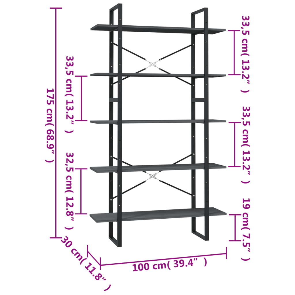 Libreria a 5 Ripiani Grigia 100x30x175 cm in Legno di Pino | homemem39