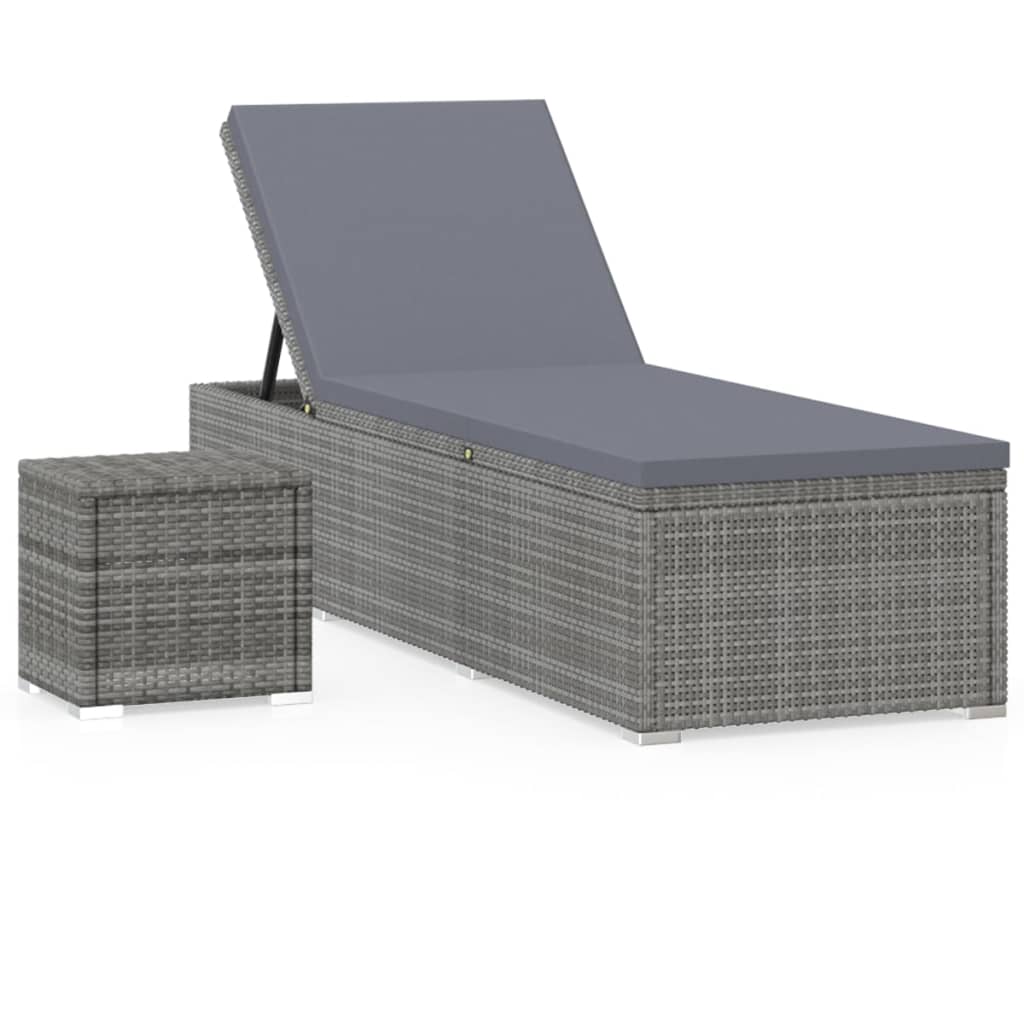 Sun lounger with cushion and coffee table in gray polyrattan